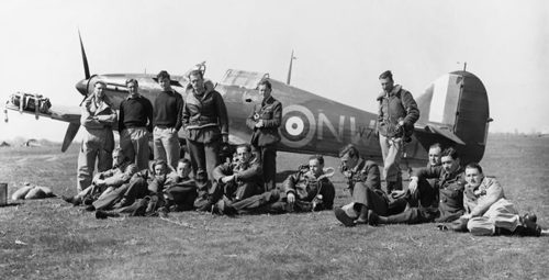 Pilots of No. 33 Squadron RAF, at Larissa, Greece, with Hawker Hurricane Mark I