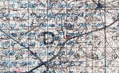 This map was made by the GRU units operating in the area around Tyne Cot in 1919. The number in each square denote the number of remains believed to be buried in that 500m2 area.