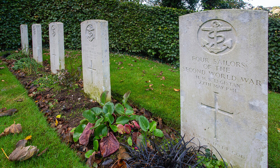 Headstones in a row in autumn