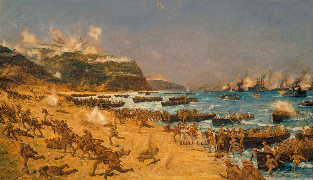 Oil painting showing the New Zealand Division coming ashore at Gallipoli in April 1915