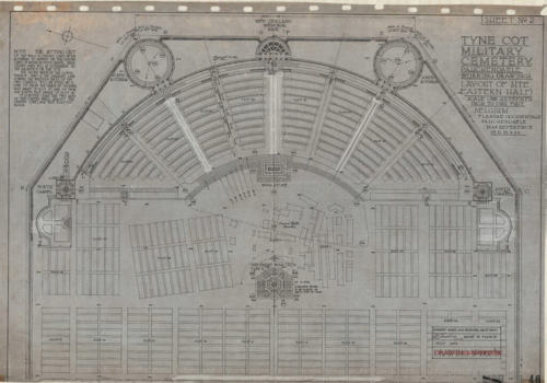 The disordered war-time plot can be seen at the heart of the cemetery, surrounded ordered rows of post war burials. Tyne Cot Cemetery and Memorial design drawings, 1923 © CWGC